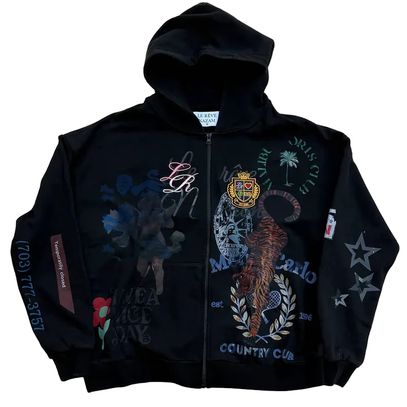 Black Zip Up Embroidered Artist Hoodie