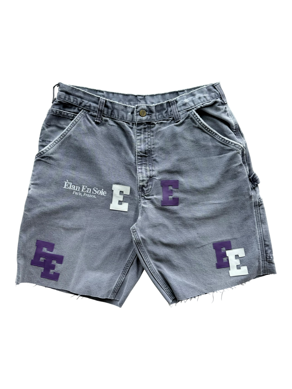White & Purple Patch Carpenter Shorts Washed Grey