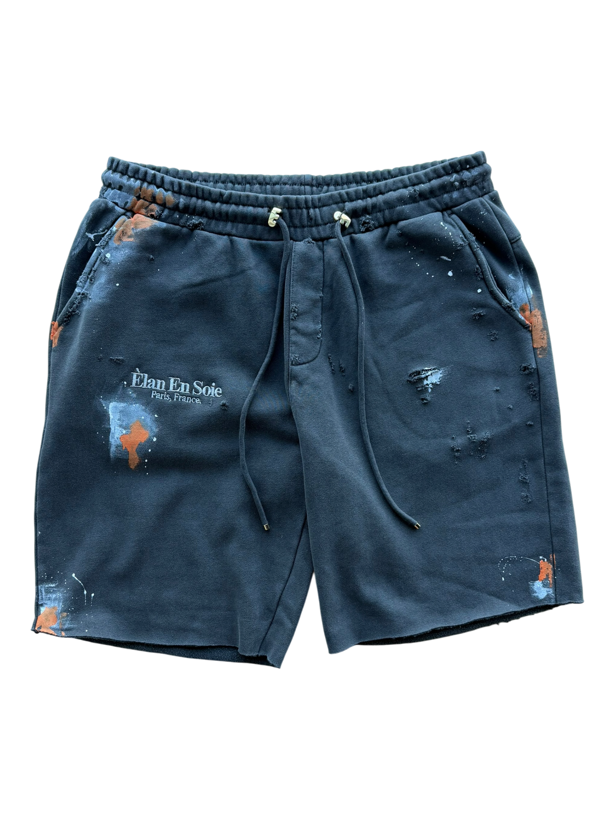 Washed Black Distressed Paint Splatter Shorts
