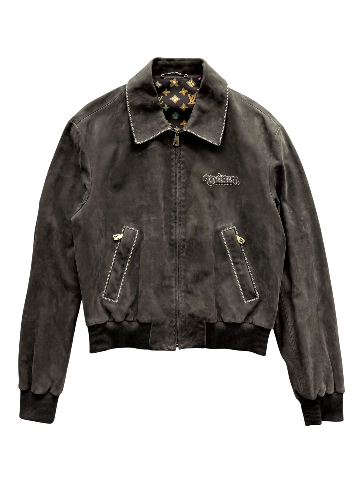 Embroidered Suede Calfskin Bomber Jacket