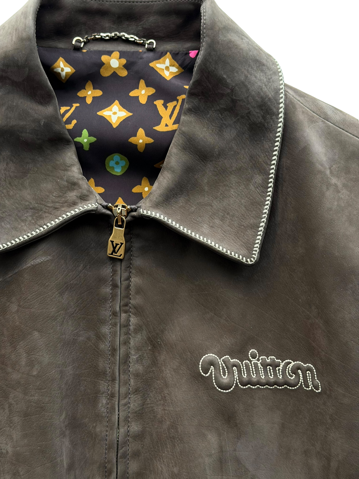 Embroidered Suede Calfskin Bomber Jacket
