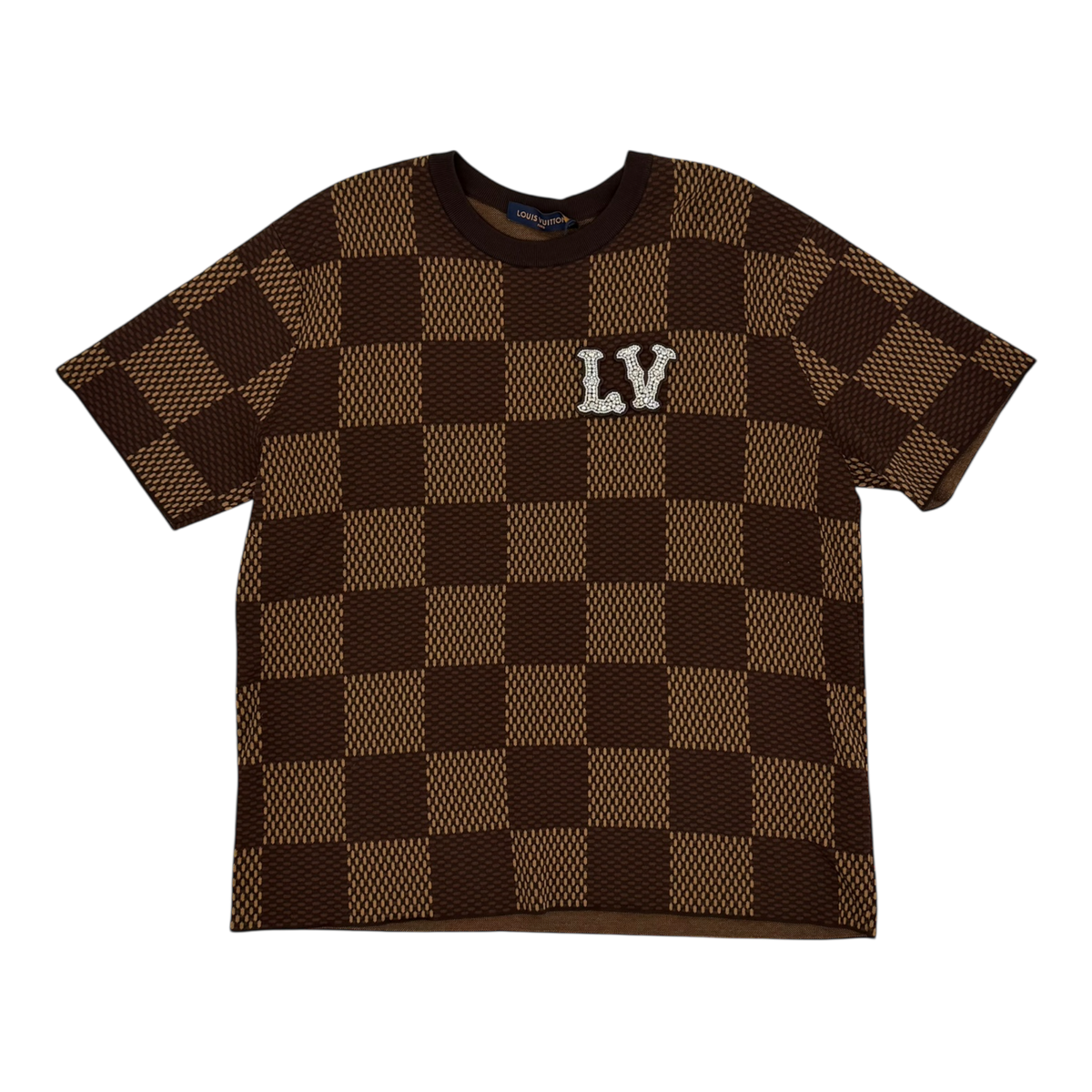 Short-Sleeved Cotton Damier Crewneck with Crystal LV Patch
