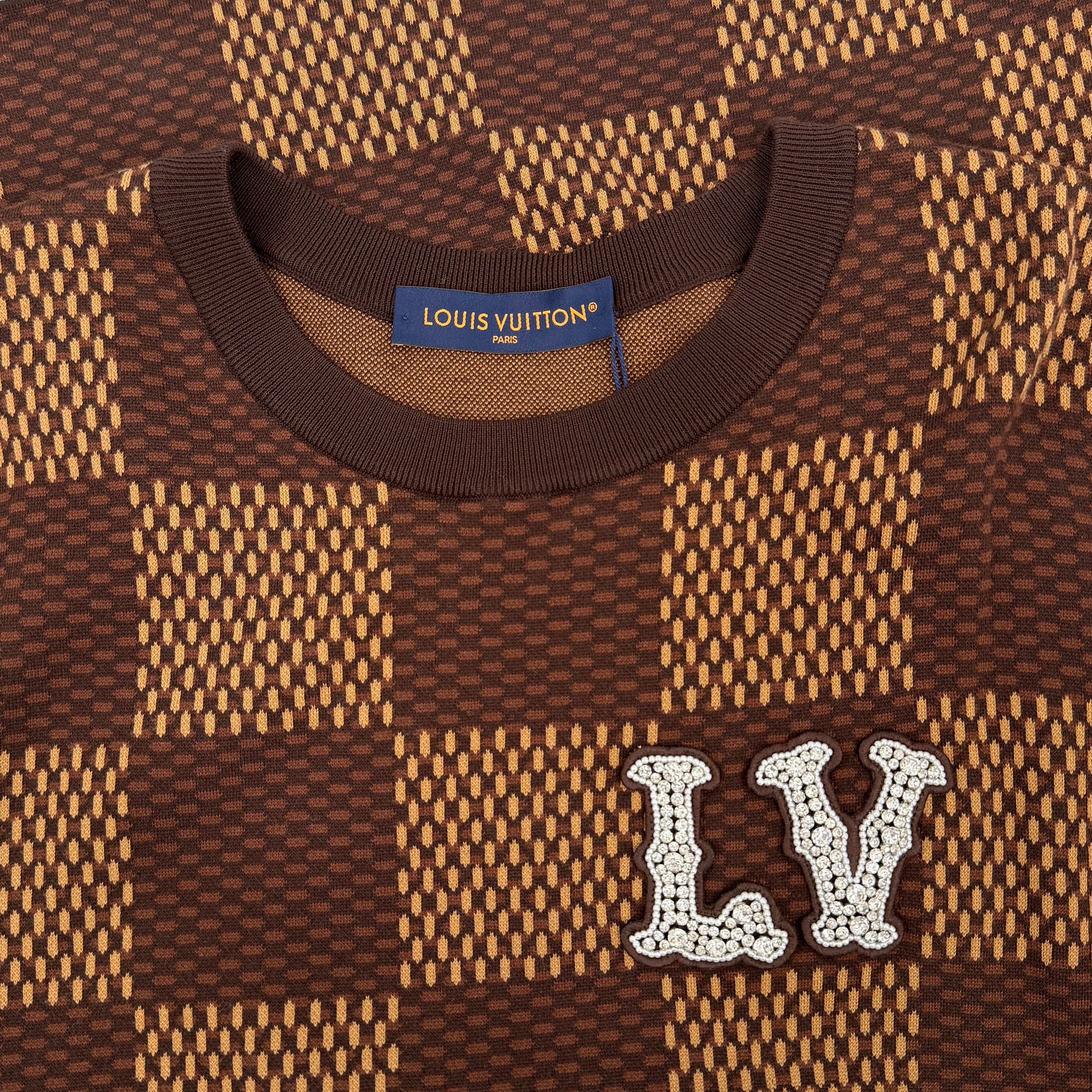 Short-Sleeved Cotton Damier Crewneck with Crystal LV Patch