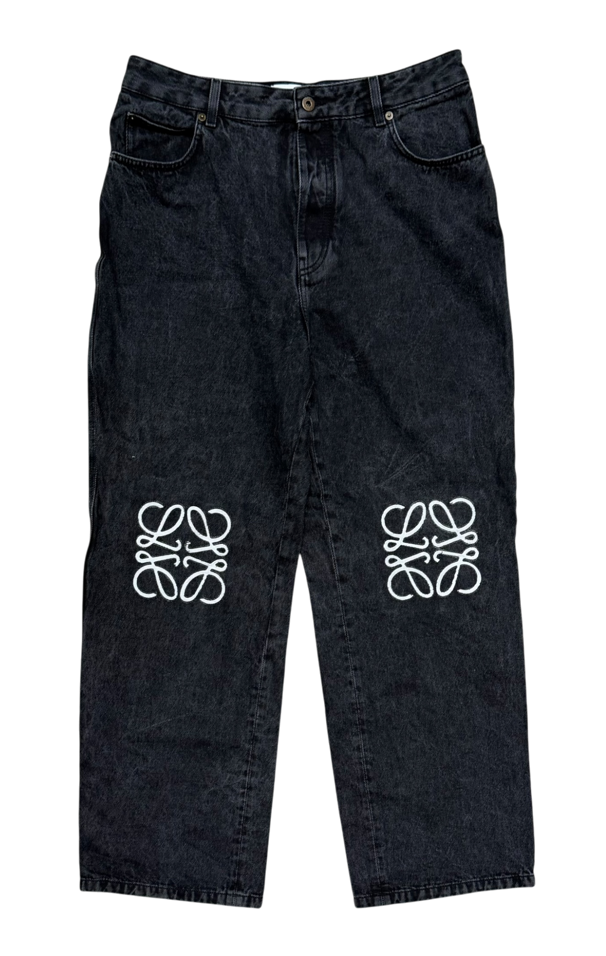 White Anagram Embroidered Baggy Black Jeans