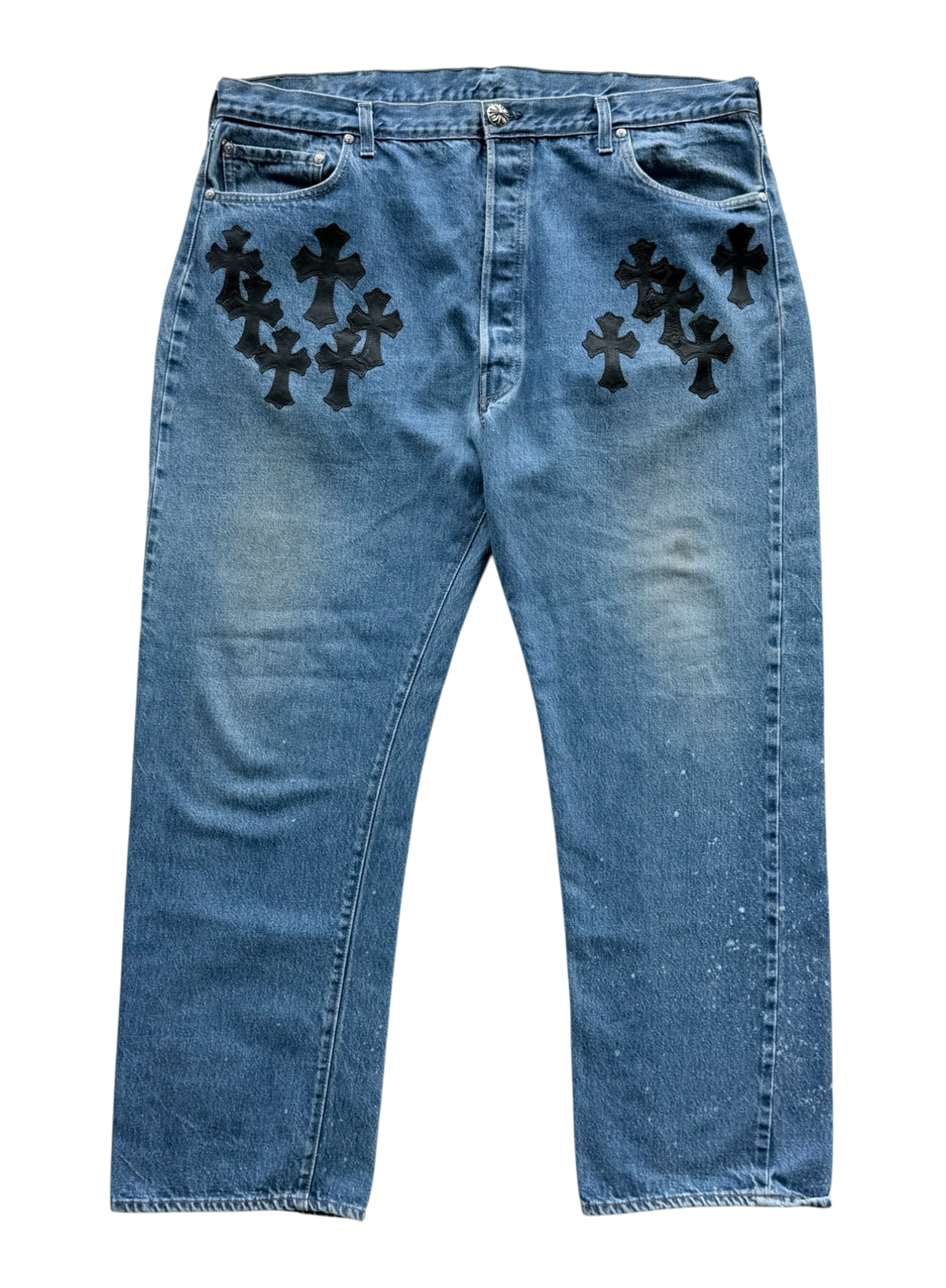Chrome Hearts Indigo Wash Levis With Black Leather Cross Patches