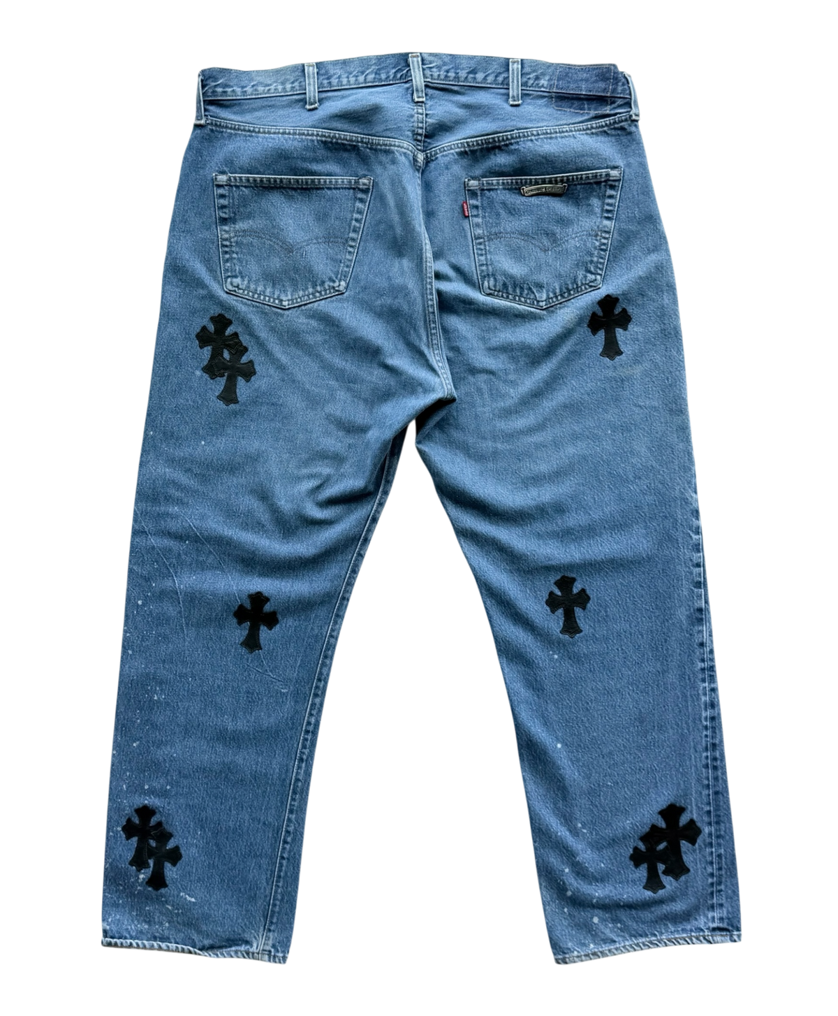 Chrome Hearts Indigo Wash Levis With Black Leather Cross Patches