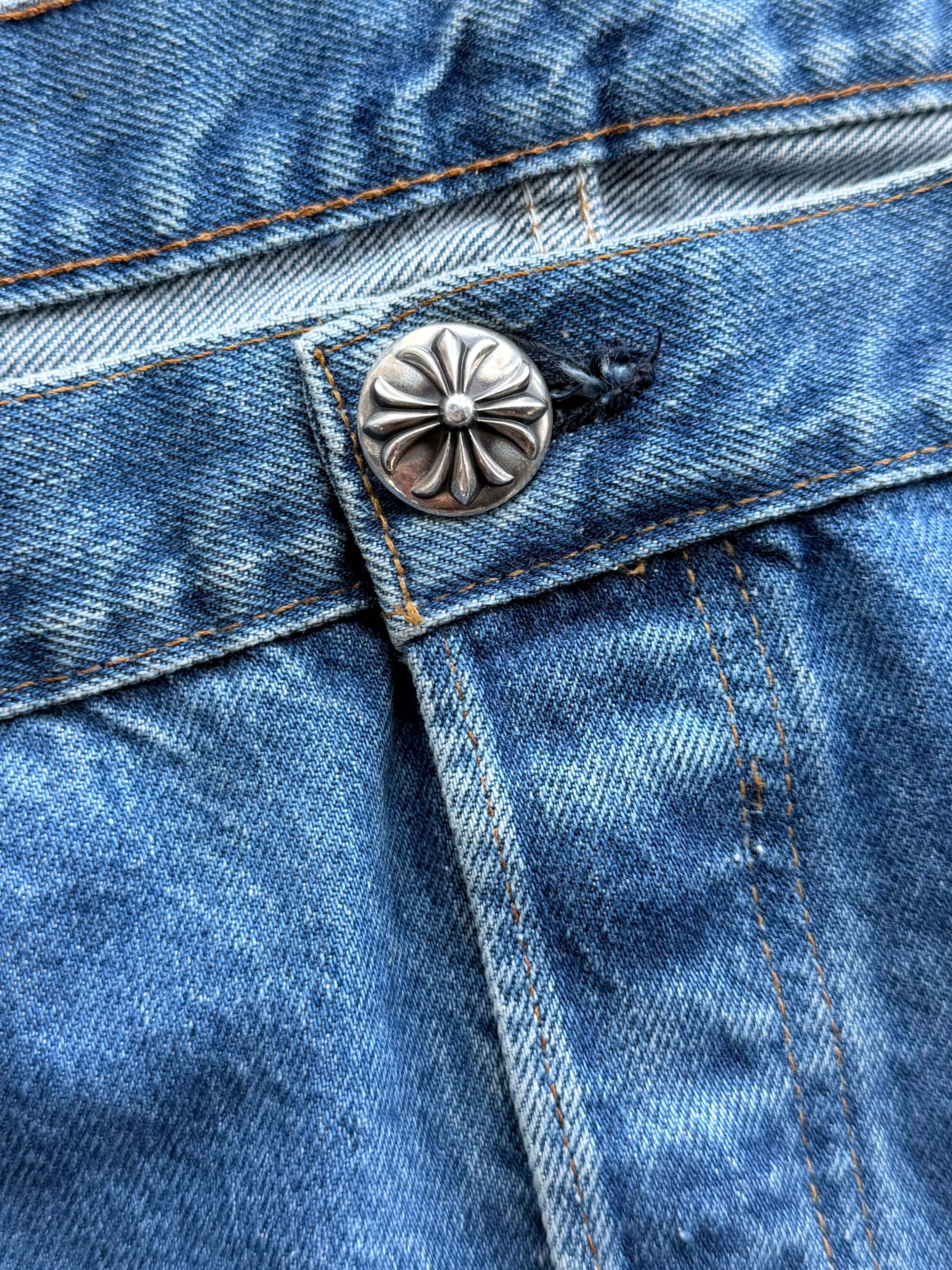 Chrome Hearts Indigo Wash Levis With Black Leather Cross Patches