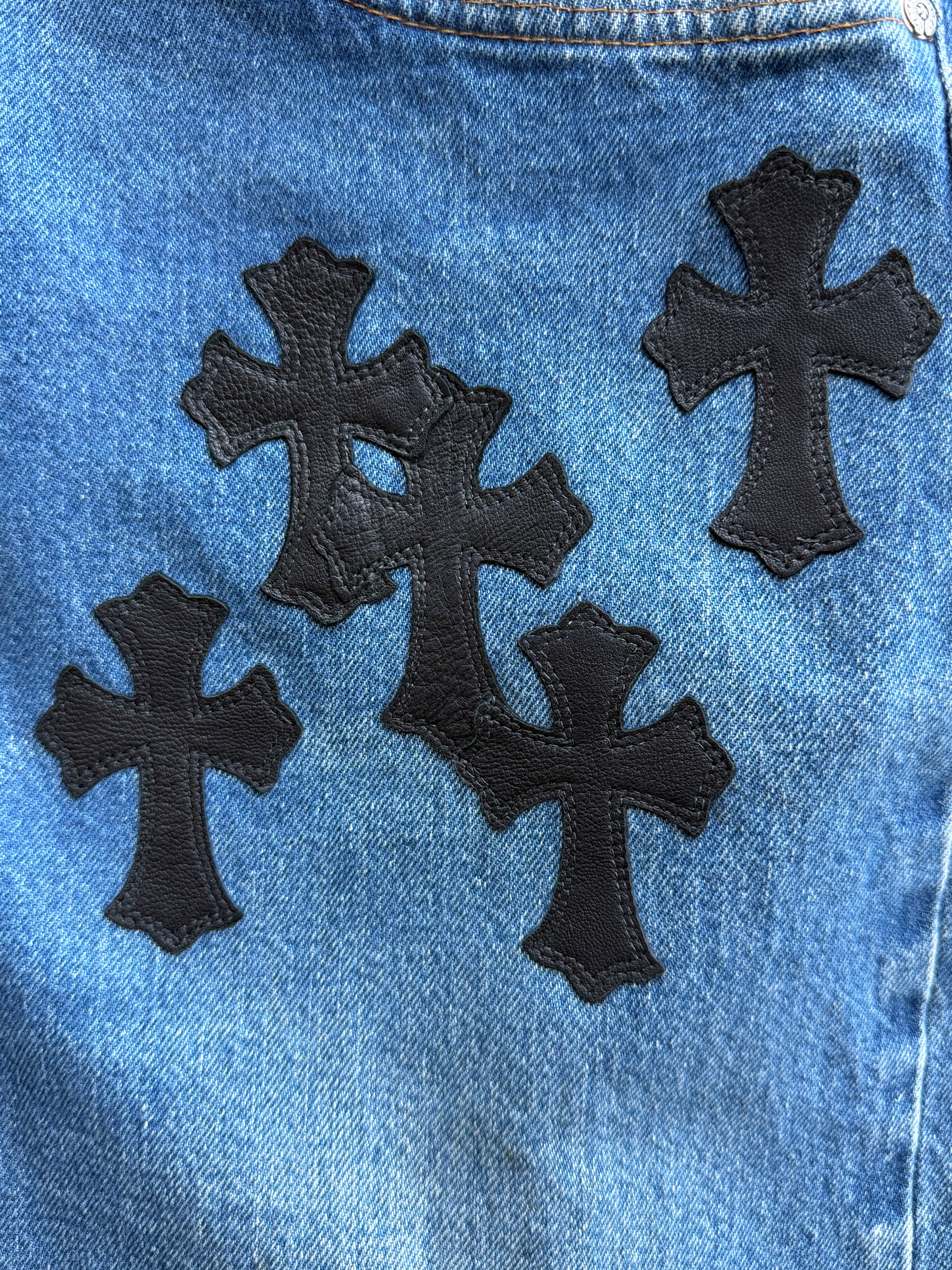 Chrome Hearts Indigo Wash Levis With Black Leather Cross Patches