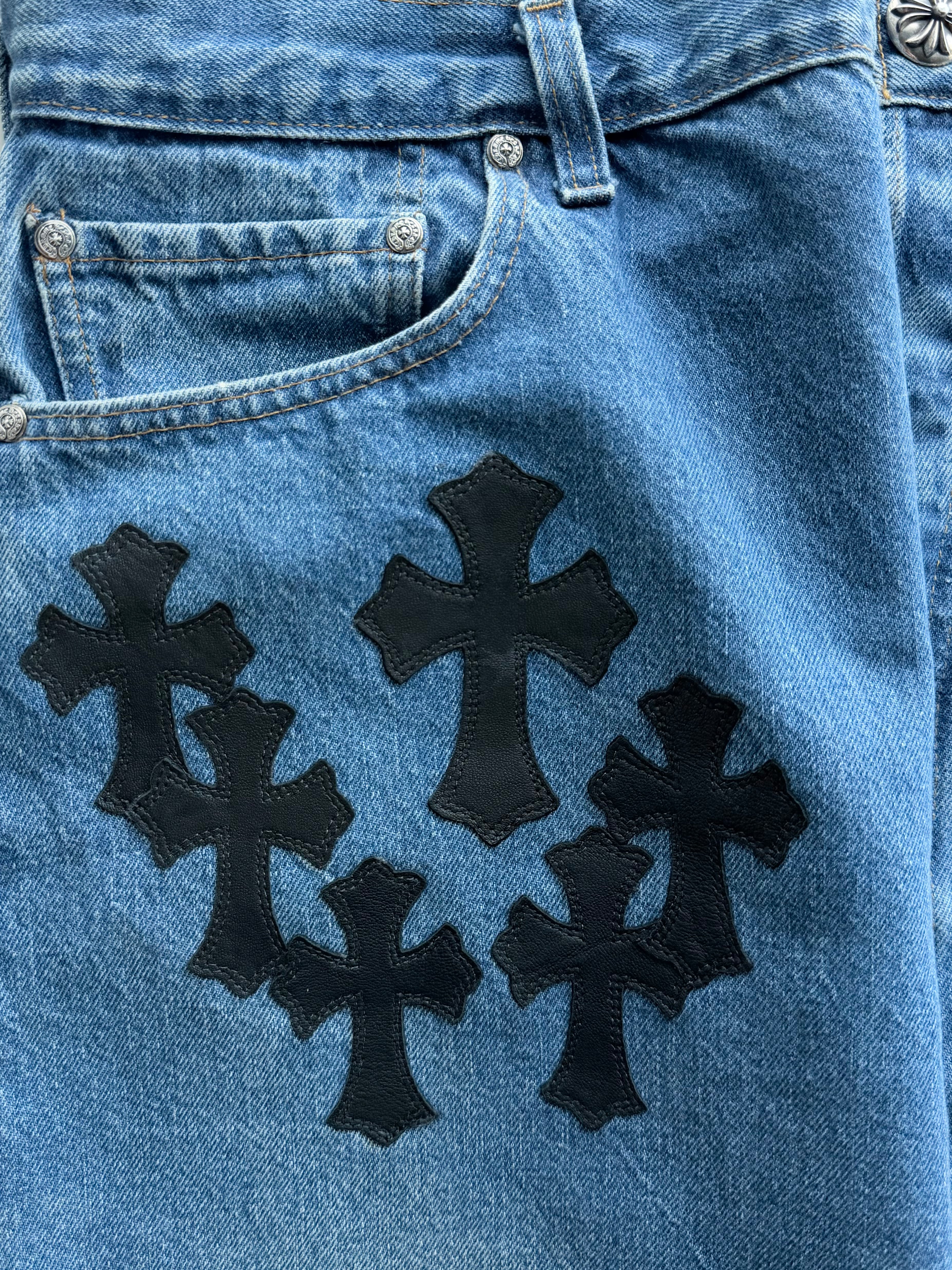 Chrome Hearts Indigo Wash Levis With Black Leather Cross Patches