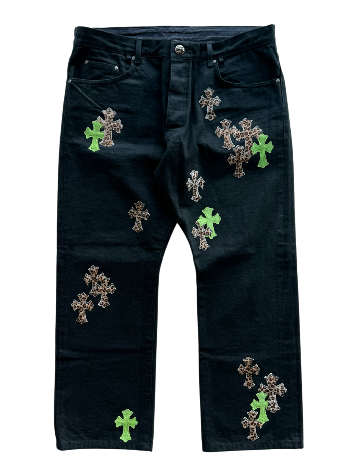 Leopard Green Leather Cross Patch Jeans
