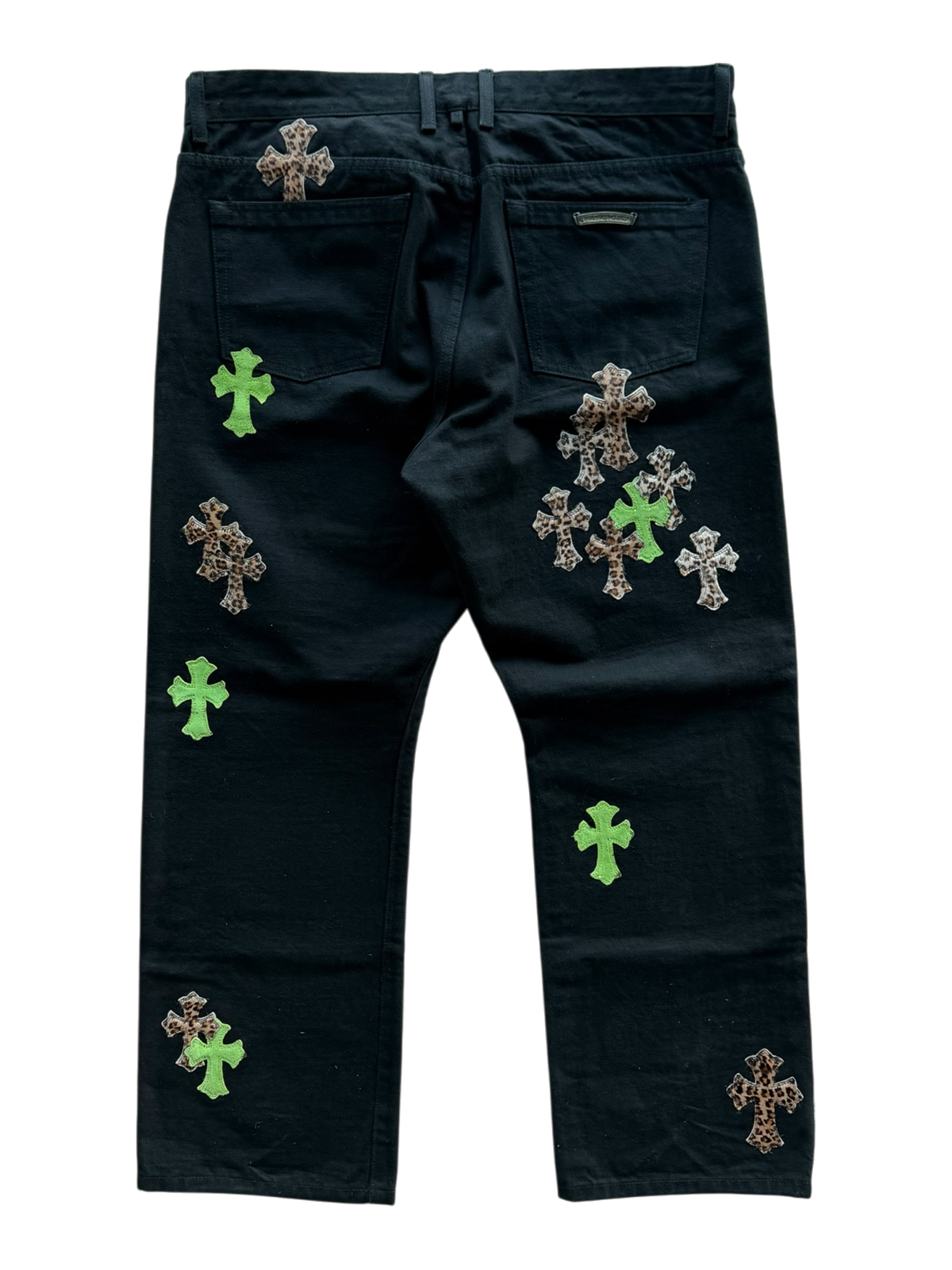 Leopard Green Leather Cross Patch Jeans
