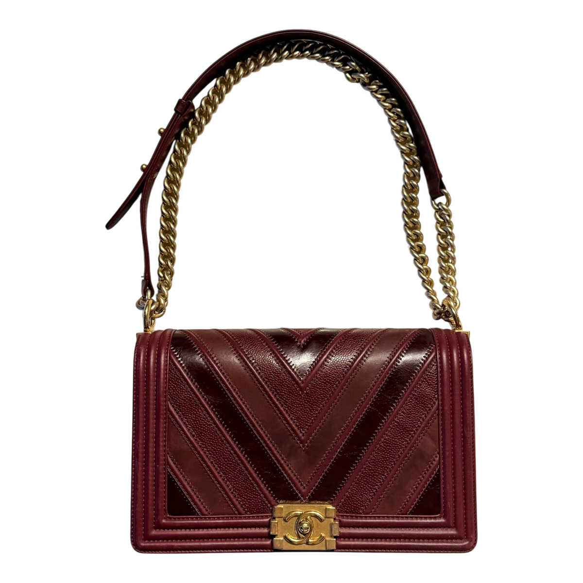 Burgundy Chevron Caviar and Leather Medium Boy Flap Bag