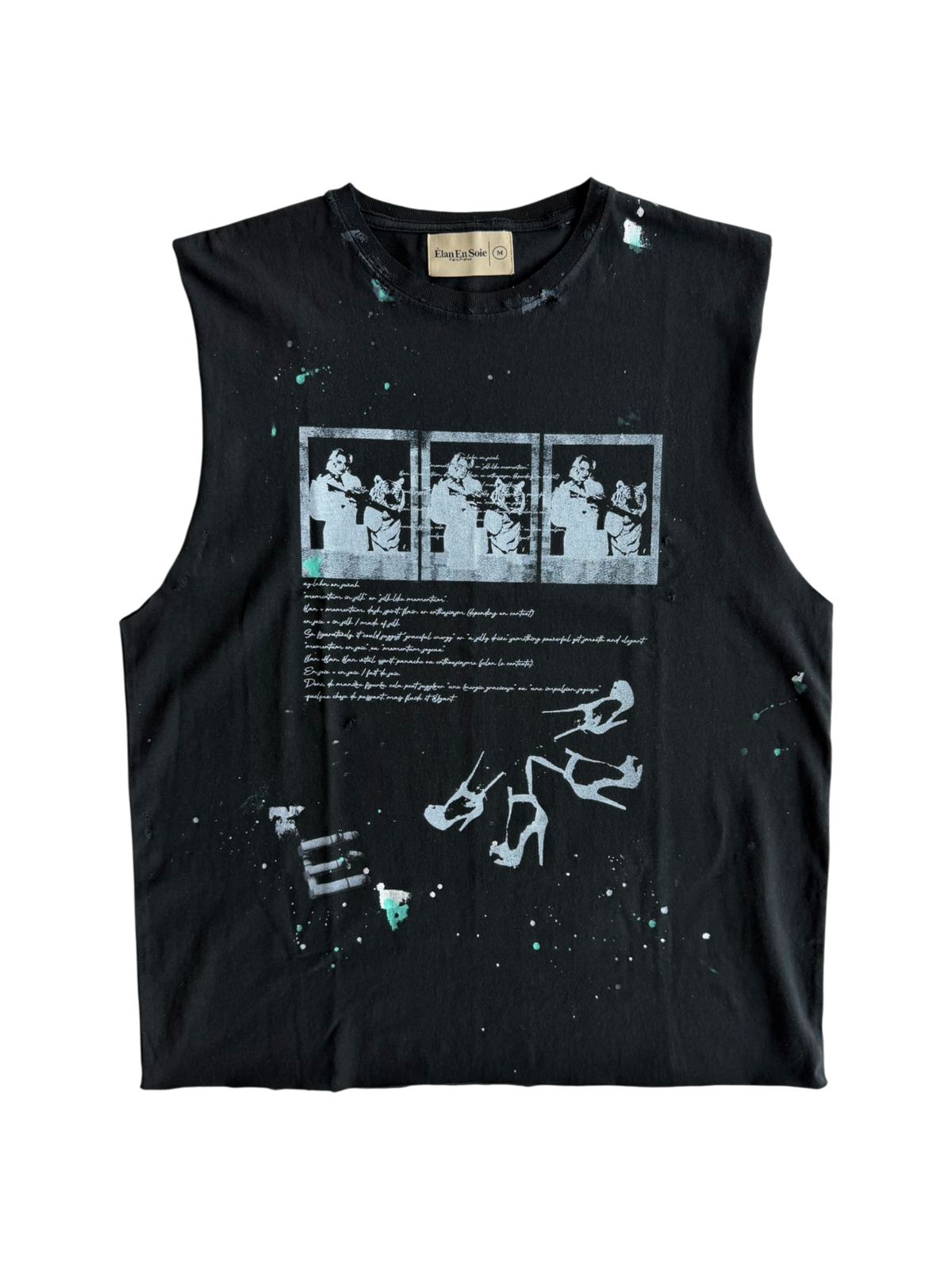 Tiger Photo Cut Off Distressed Paint Splatter Tee Black