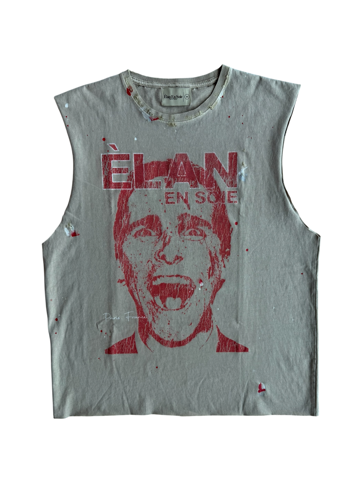 Psycho Distressed Paint Splatter Cut Off Tee Tan