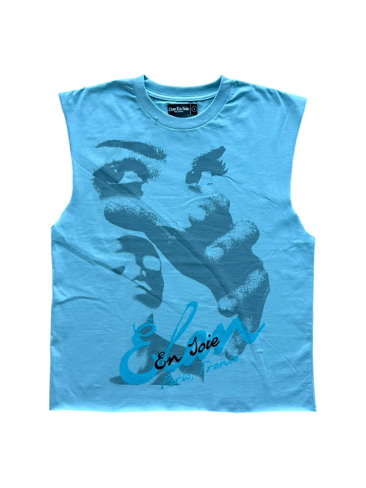 Mixed Faces Distressed Tank Top Sky Blue