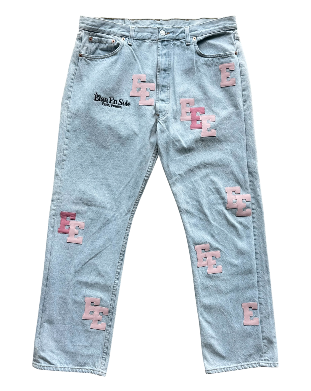 Two Tone Pink Patch Light Wash Blue Jeans
