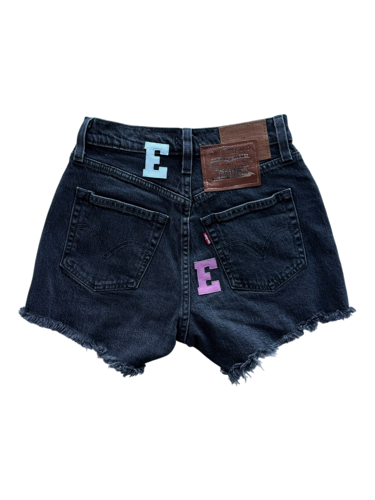 Pink & White Patch Women's Black Denim Cutoff Shorts