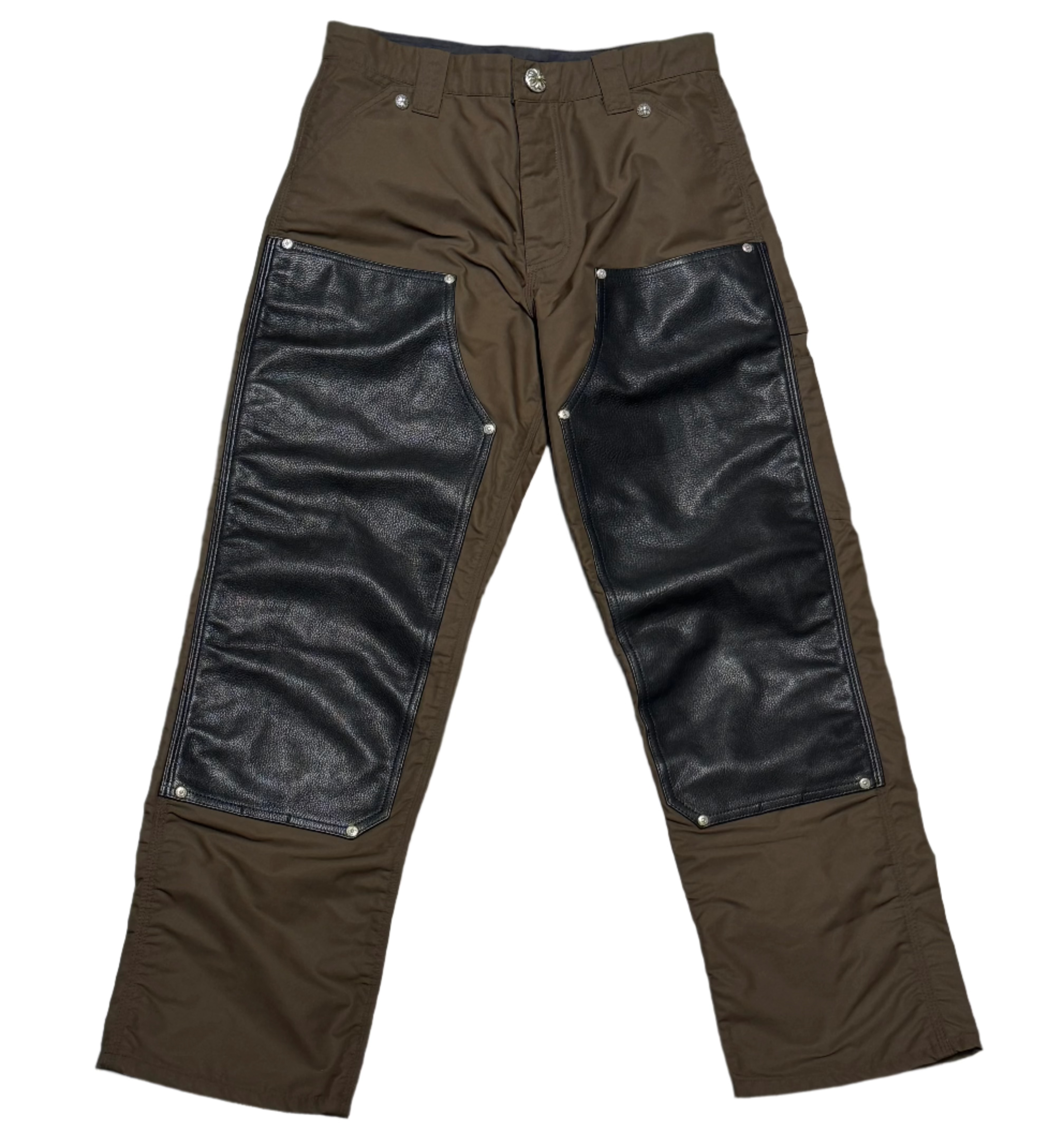 Brown Nylon Pink Leather Cross Patch Work Jeans