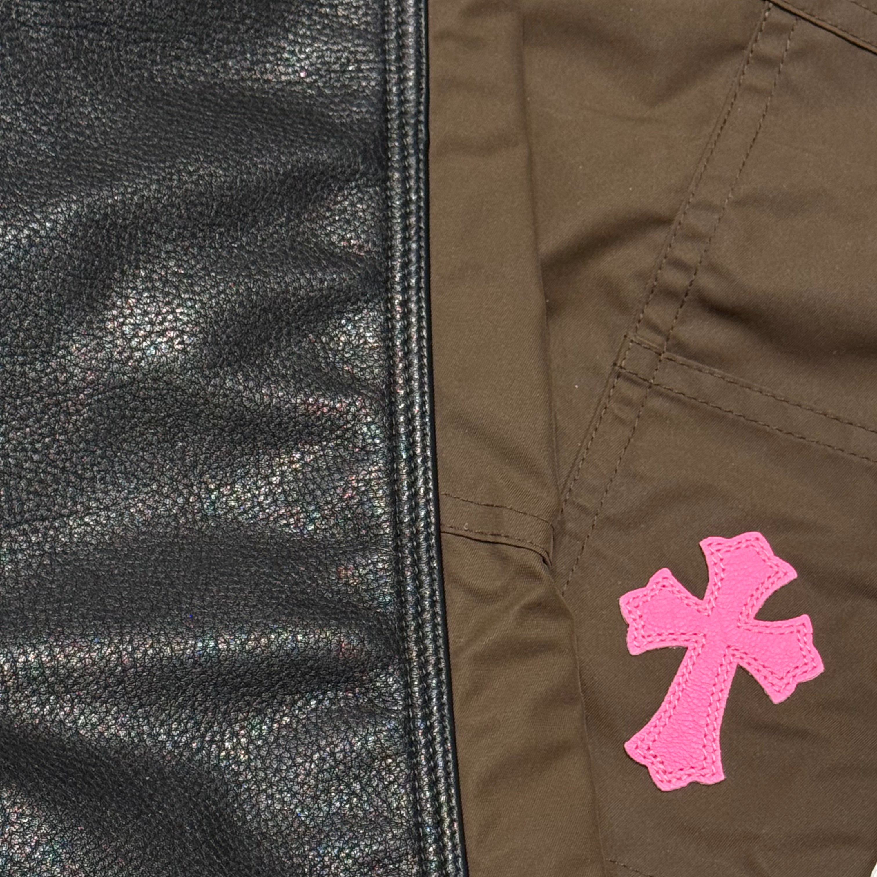 Brown Nylon Pink Leather Cross Patch Work Jeans