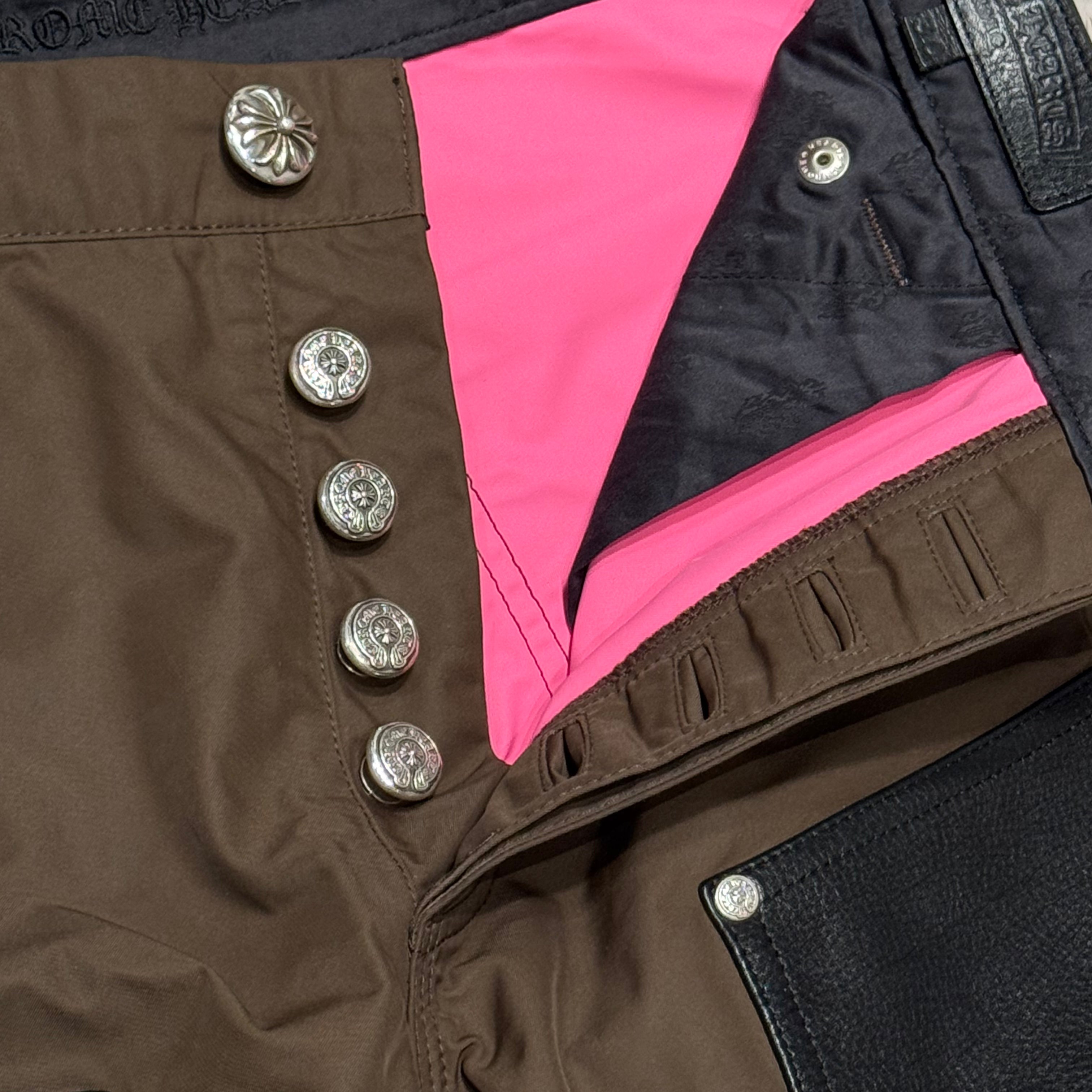Brown Nylon Pink Leather Cross Patch Work Jeans