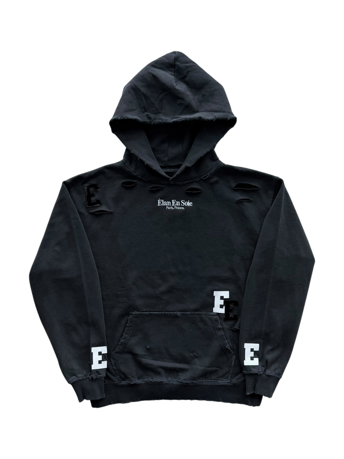 White & Black Patent Patch Distressed Hoodie Black
