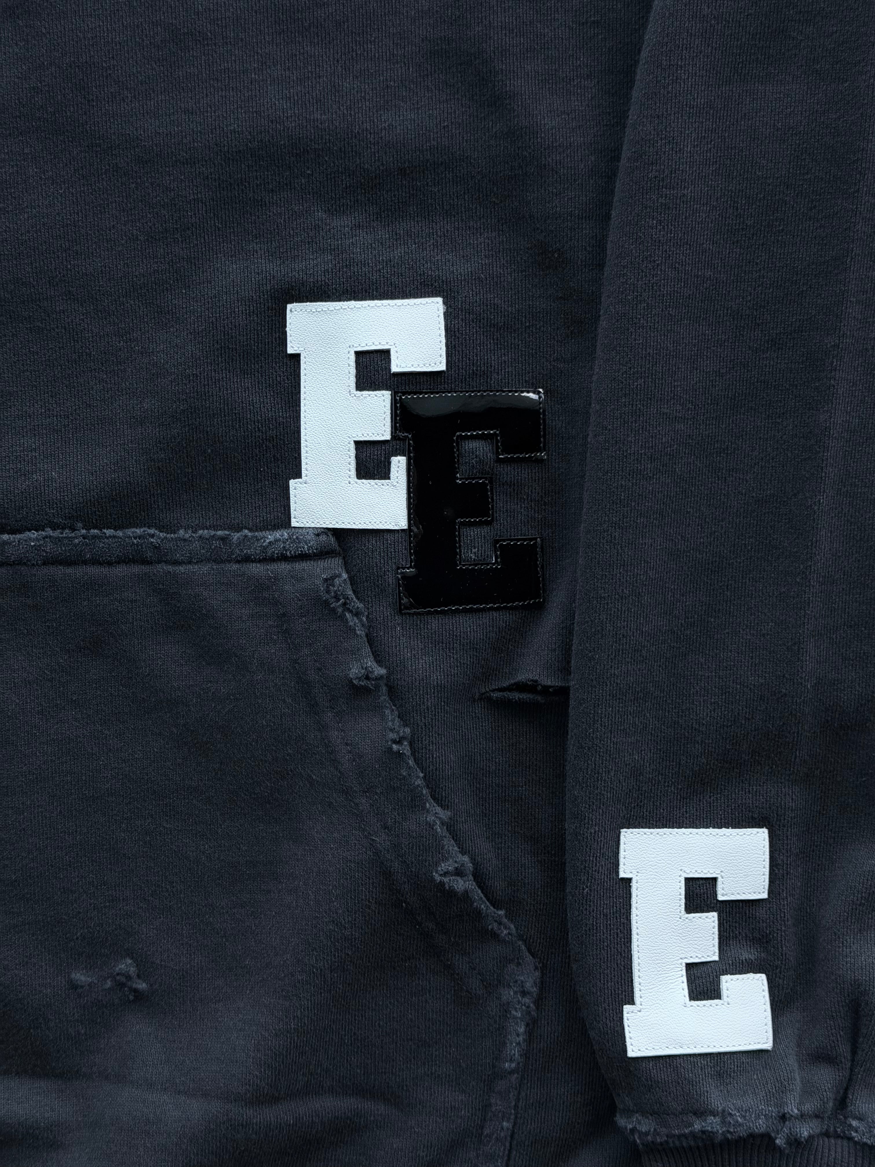 White & Black Patent Patch Distressed Hoodie Black