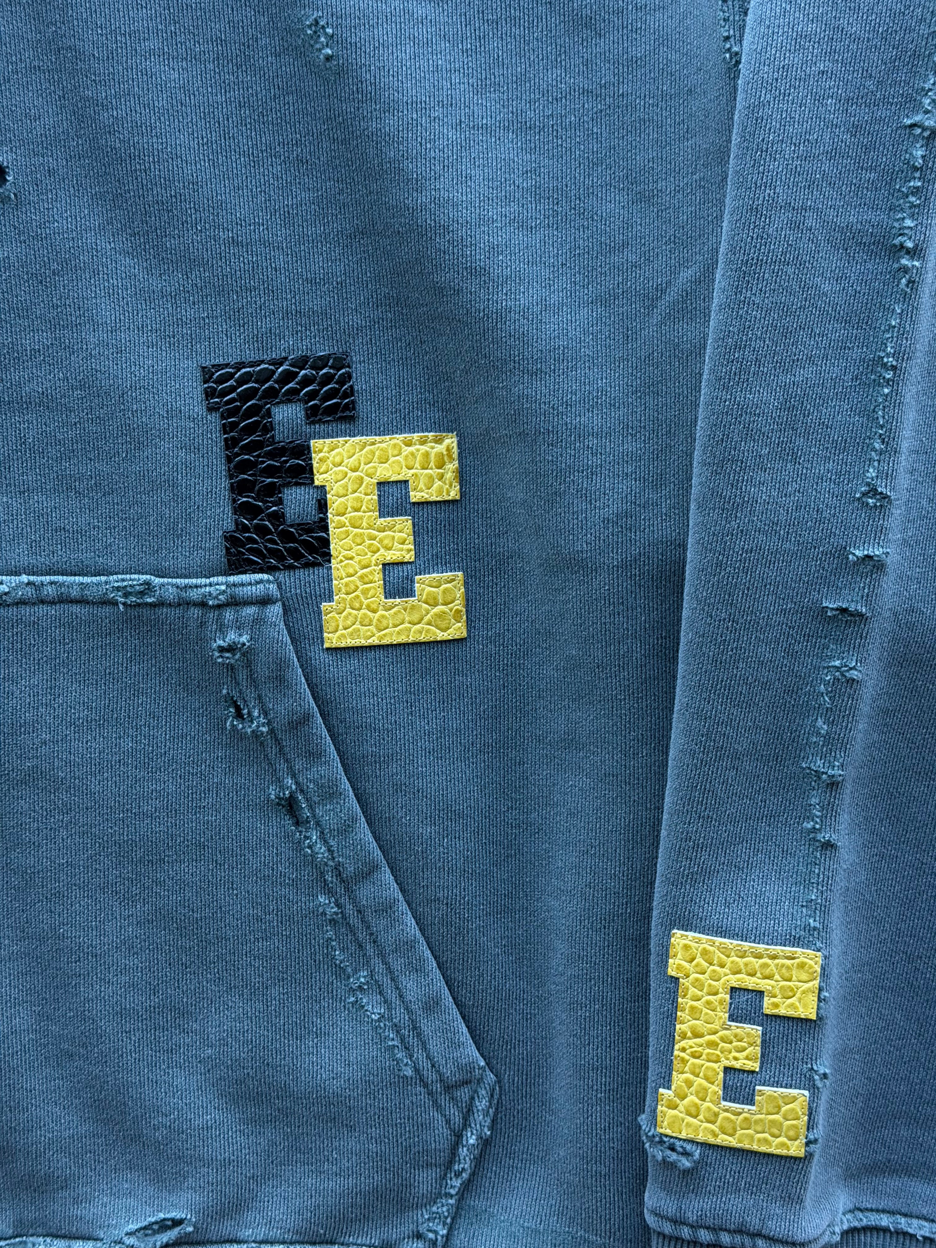 Yellow & Black Croc Patch Distressed Hoodie Grey