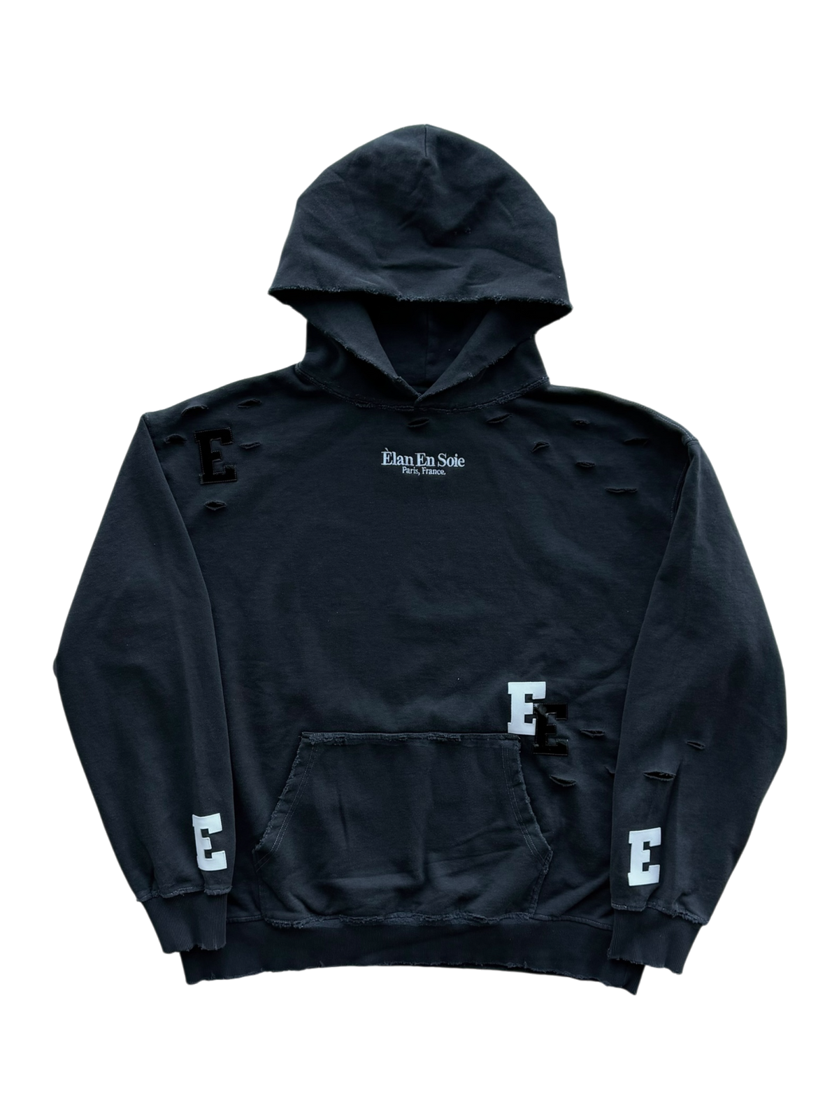 White & Black Patent Patch Distressed Hoodie Black