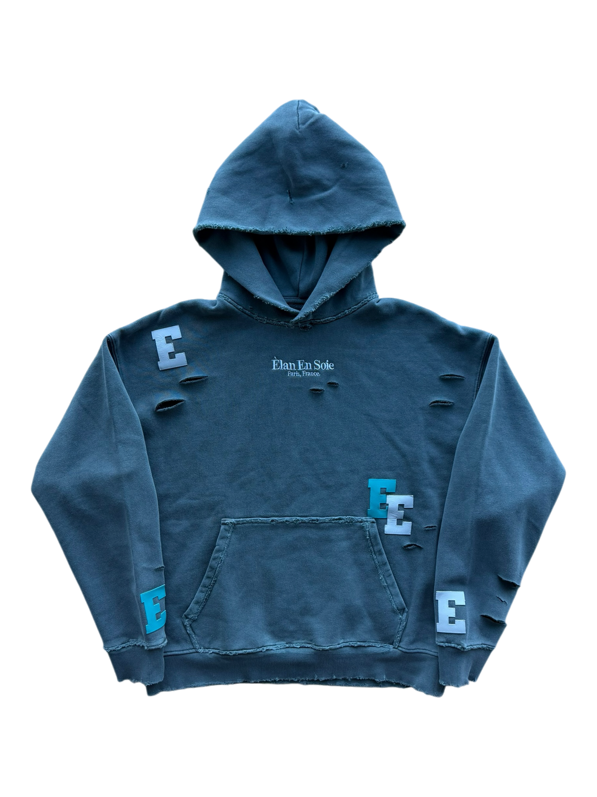 Teal & Grey Patch Distressed Hoodie Grey