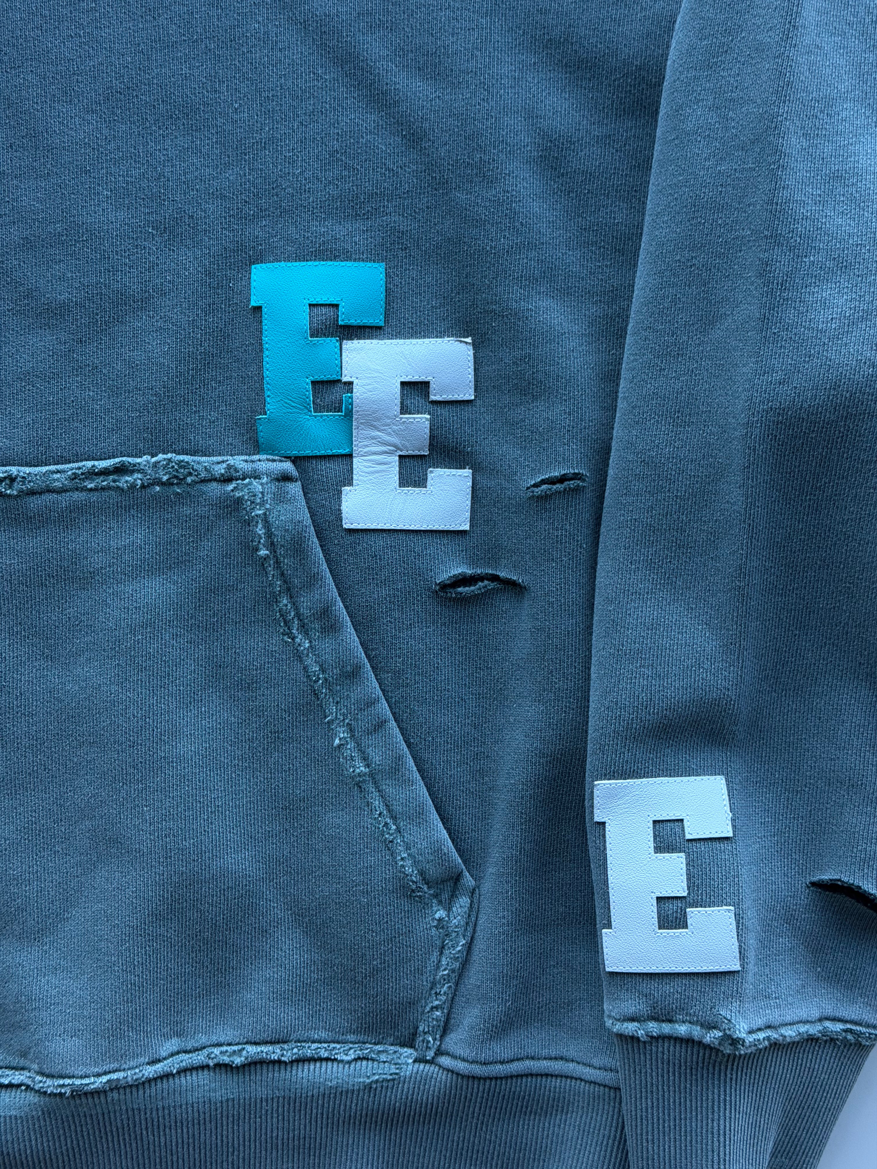 Teal & Grey Patch Distressed Hoodie Grey