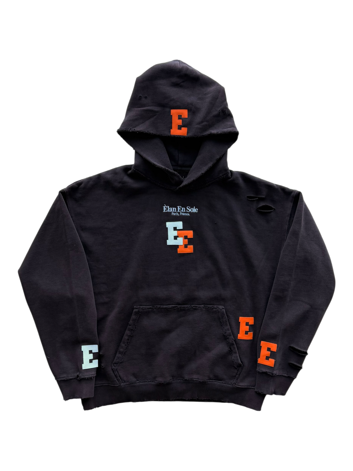 Orange & White Patch Distressed Hoodie Brown