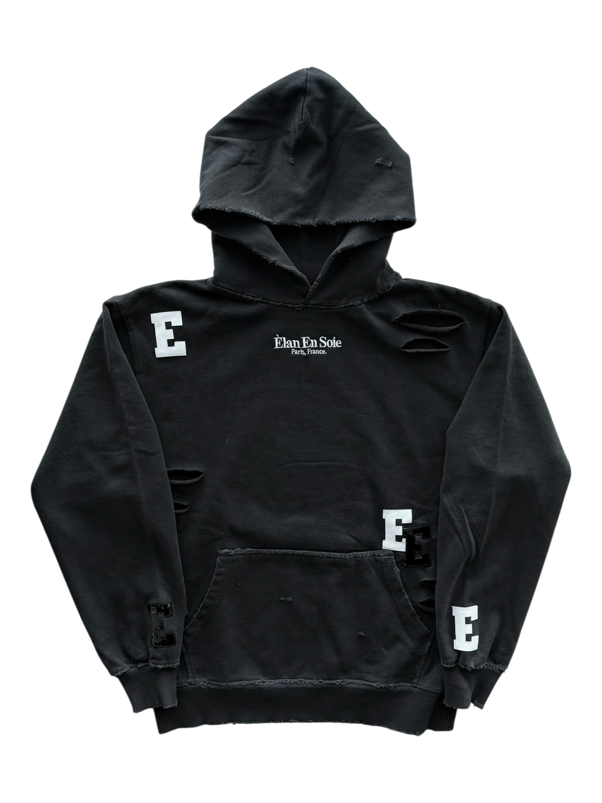 White & Black Patent Patch Distressed Hoodie Black
