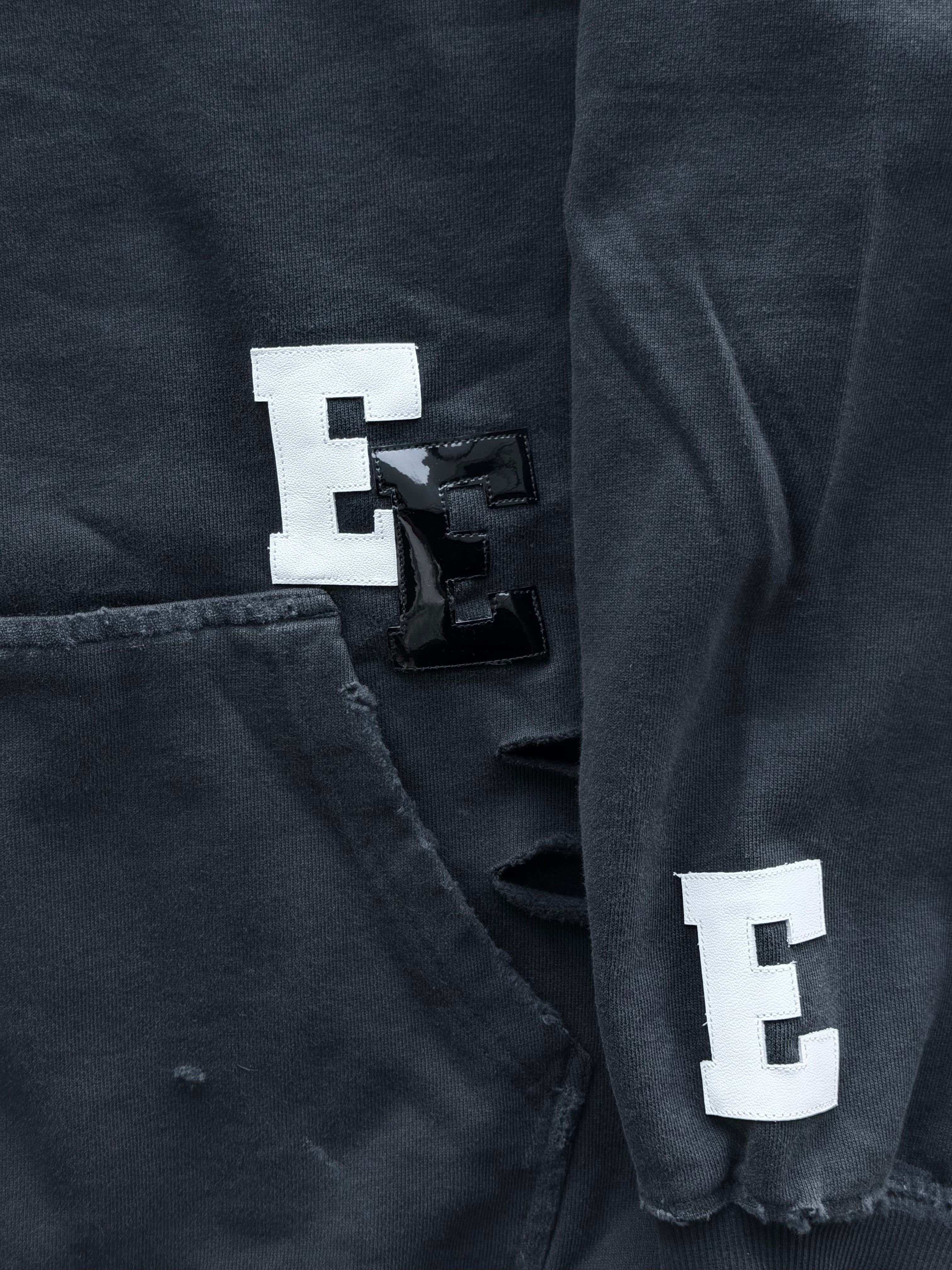 White & Black Patent Patch Distressed Hoodie Black