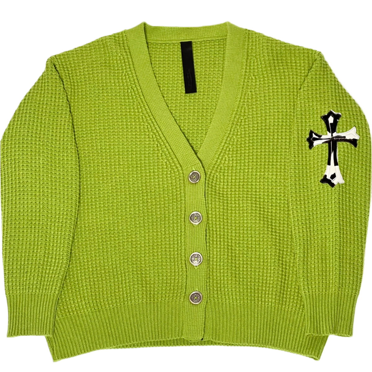 Leather Cross Patch Wool Cardigan Green
