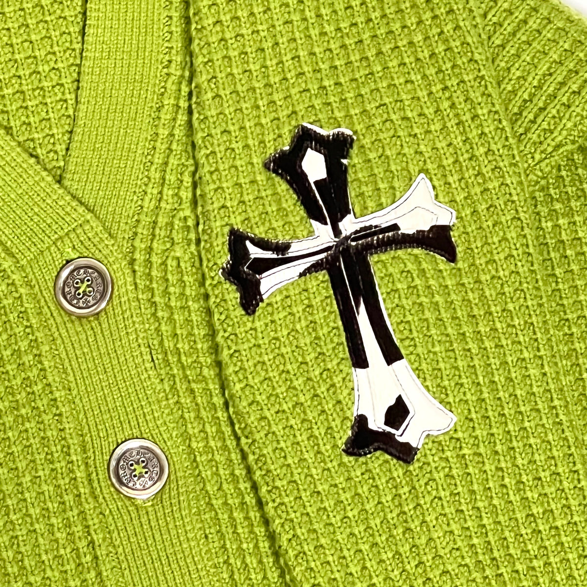Leather Cross Patch Wool Cardigan Green