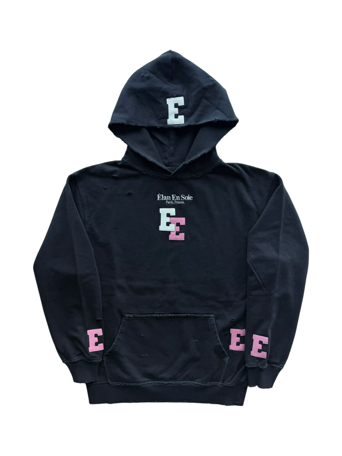 White & Pink Patch Distressed Hoodie Black