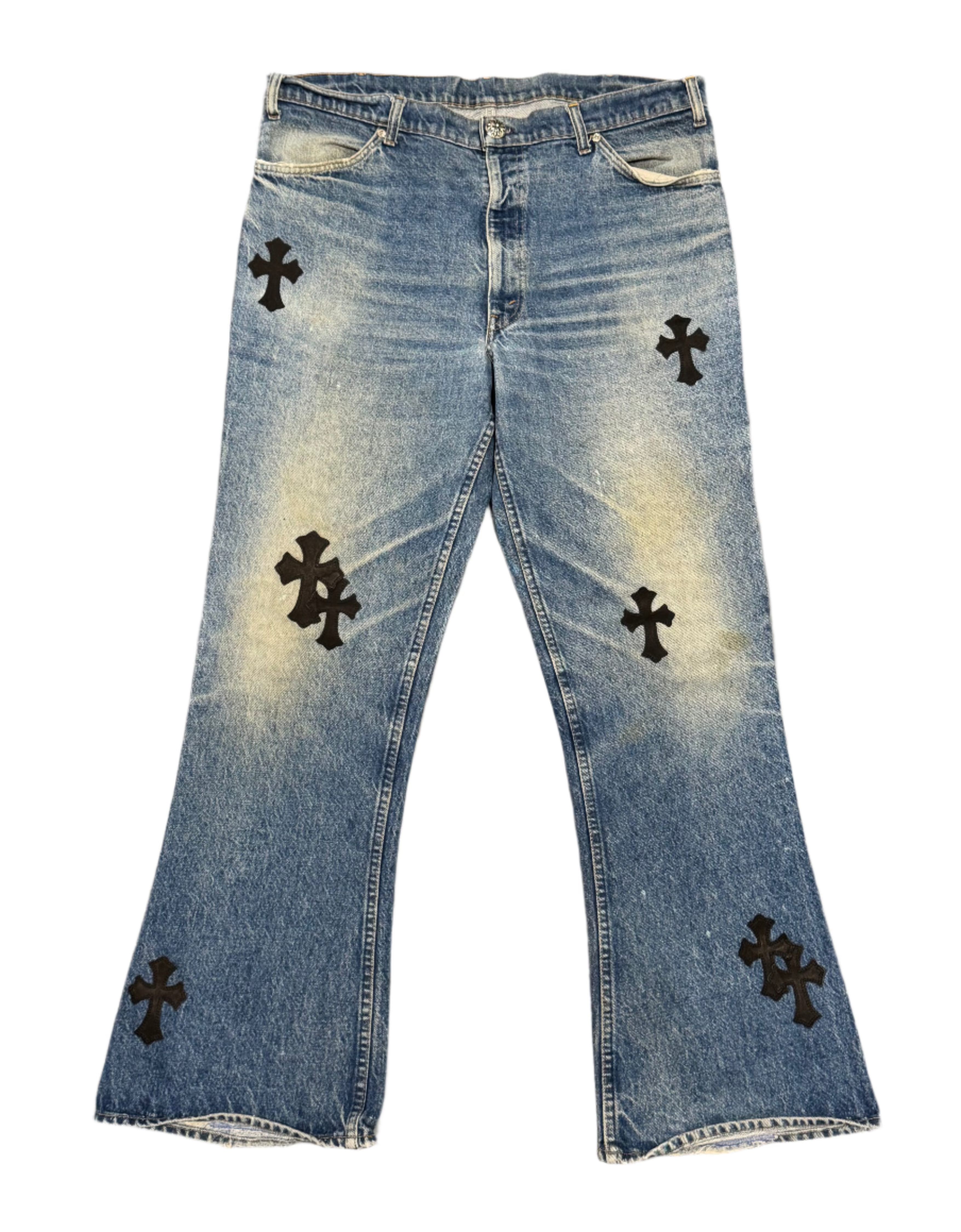 Chrome Hearts Levi Orange Tab Blue Jean Black Leather Patches