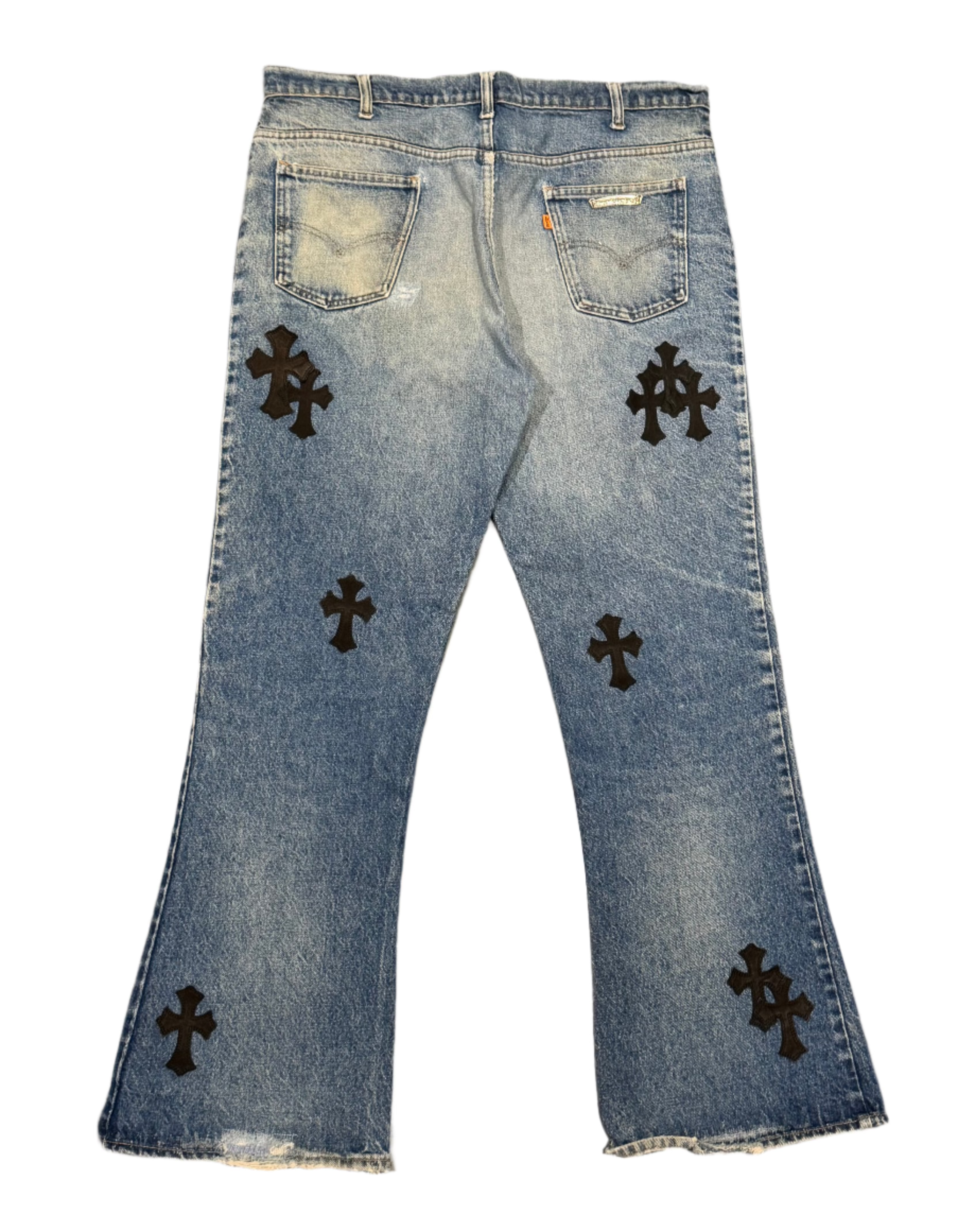 Chrome Hearts Levi Orange Tab Blue Jean Black Leather Patches