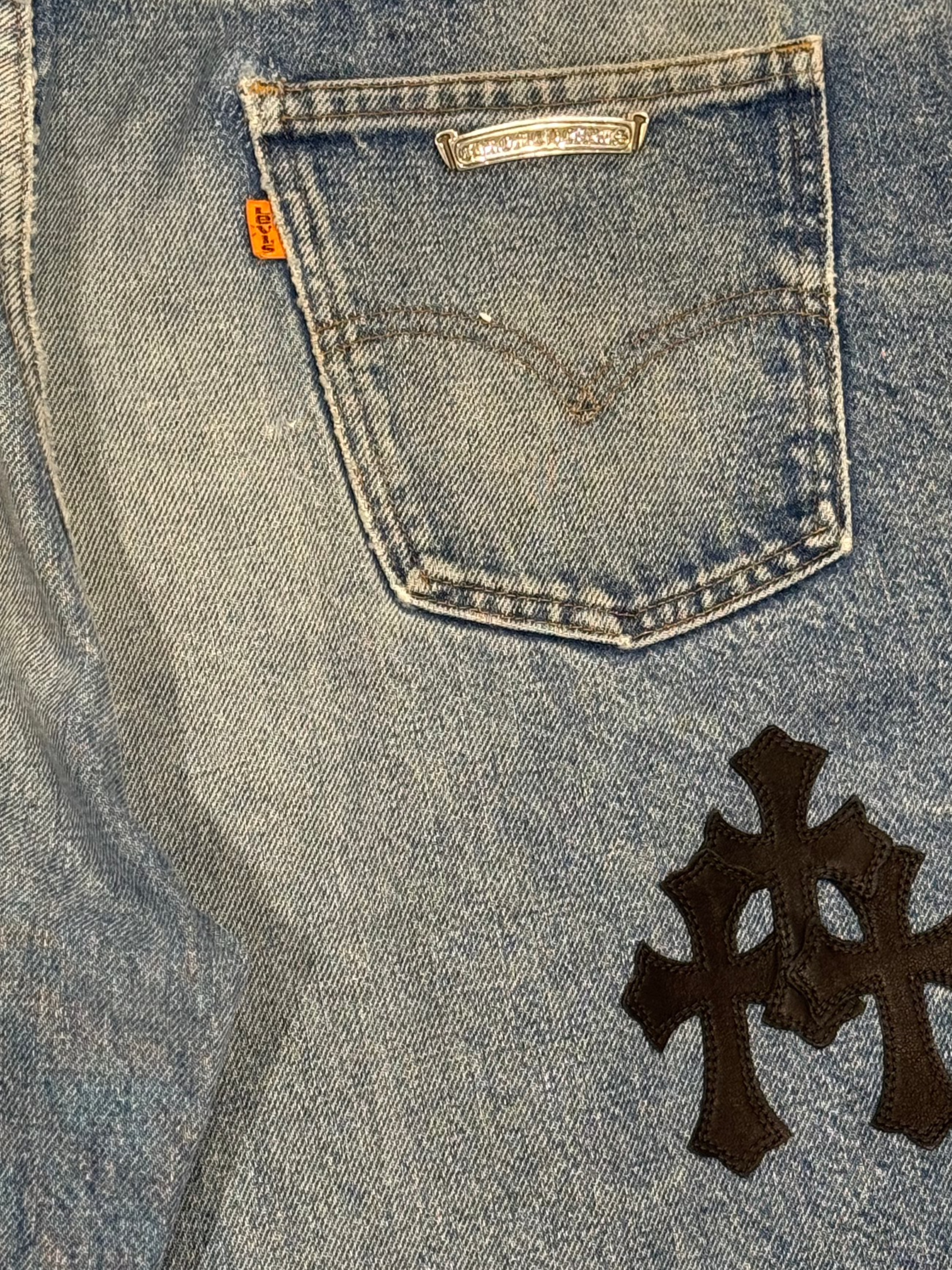 Chrome Hearts Levi Orange Tab Blue Jean Black Leather Patches