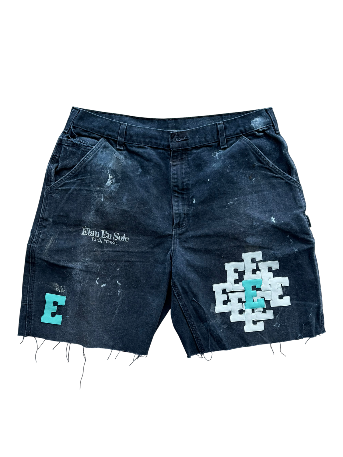White & Teal Cluster Patch Shorts Navy Blue