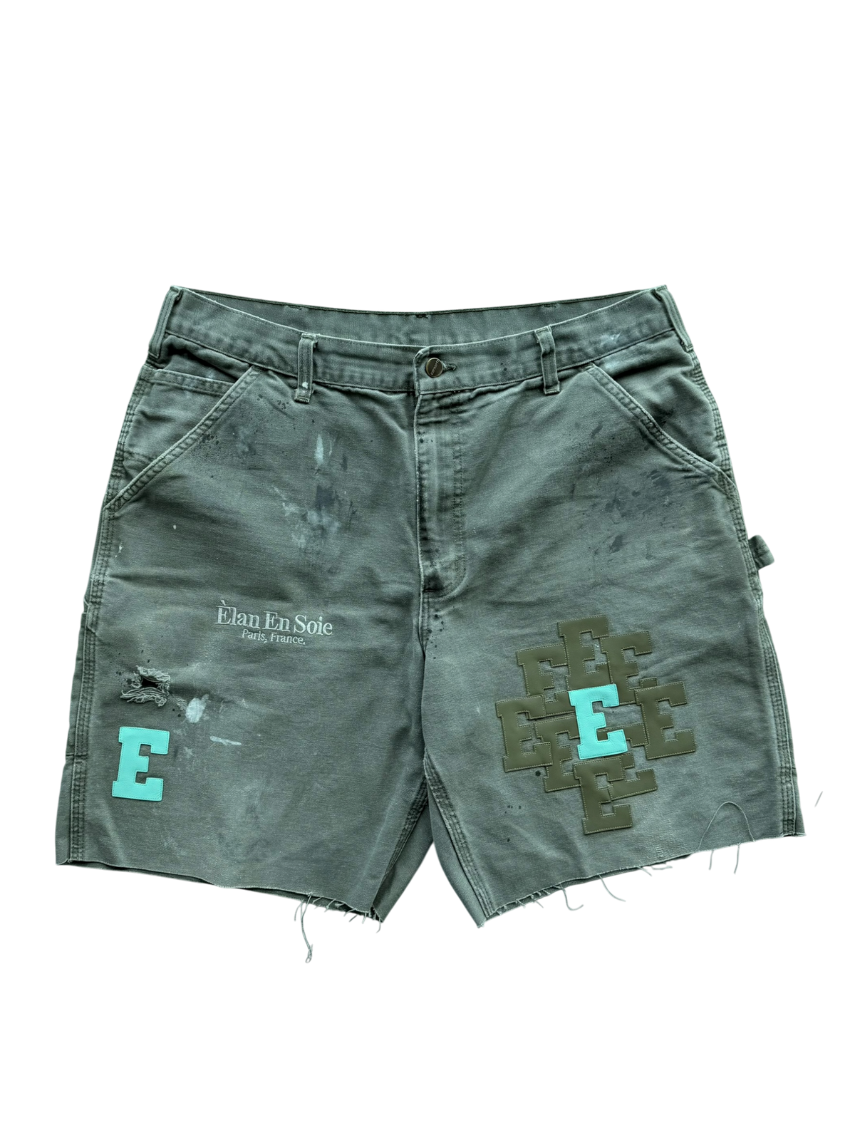 Army Green & Teal Cluster Patch Shorts Grey