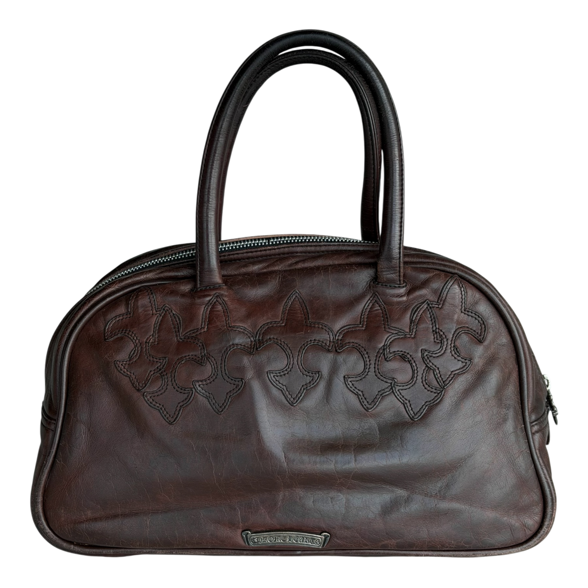 Gym Bag Small Fleur De Lis Brown Leather Patch
