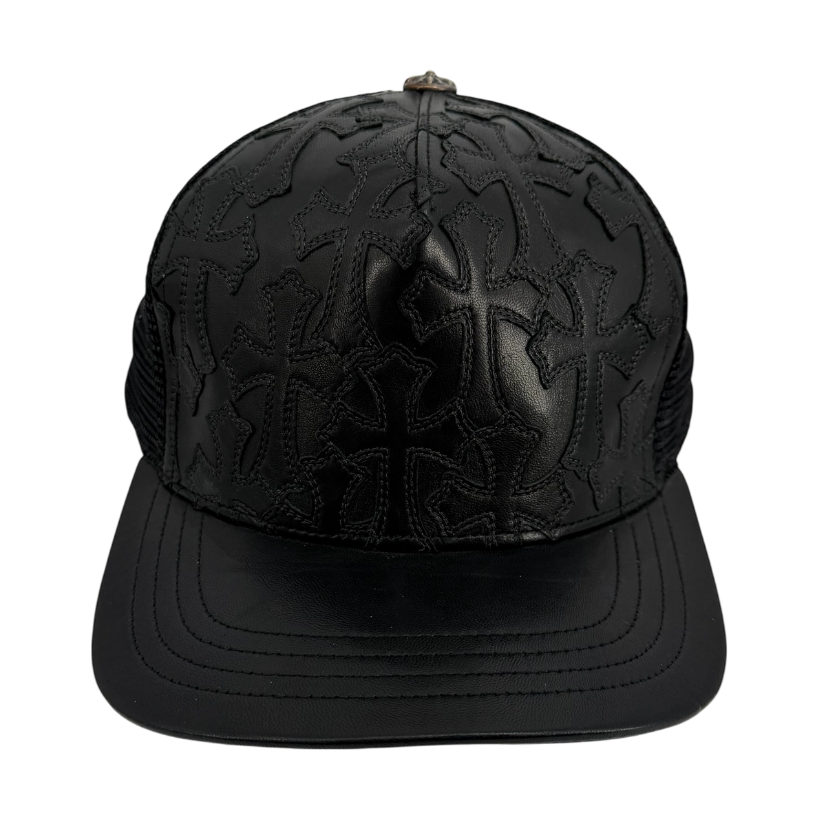 Black Leather Cemetery Cross Patch Trucker Hat