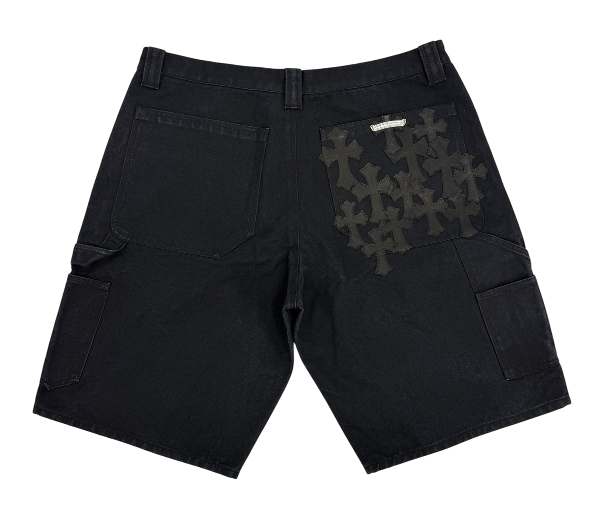 Black Leather Cross Patch Carpenter Shorts Black