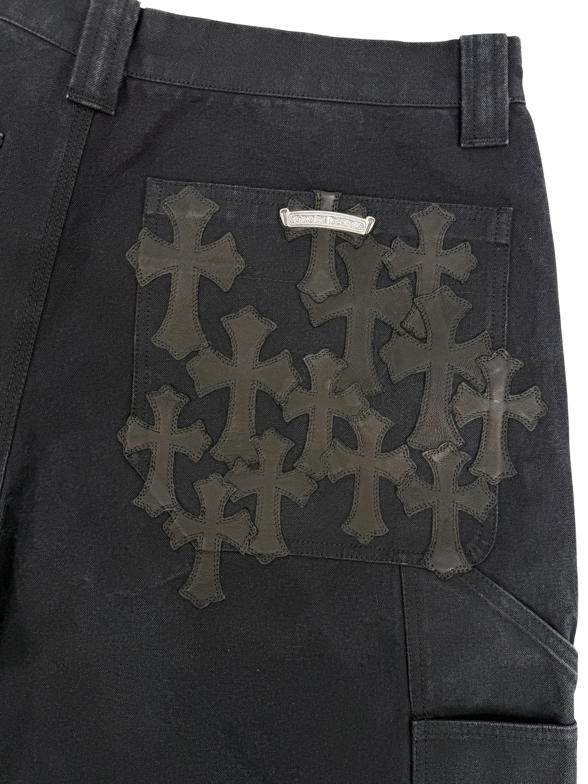 Black Leather Cross Patch Carpenter Shorts Black