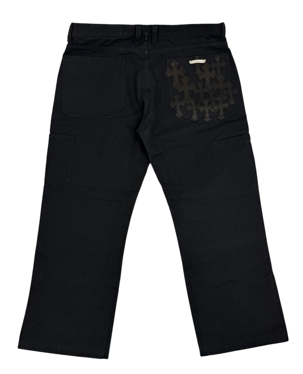 Black Leather Cross Patch Double Knee Carpenter Pants