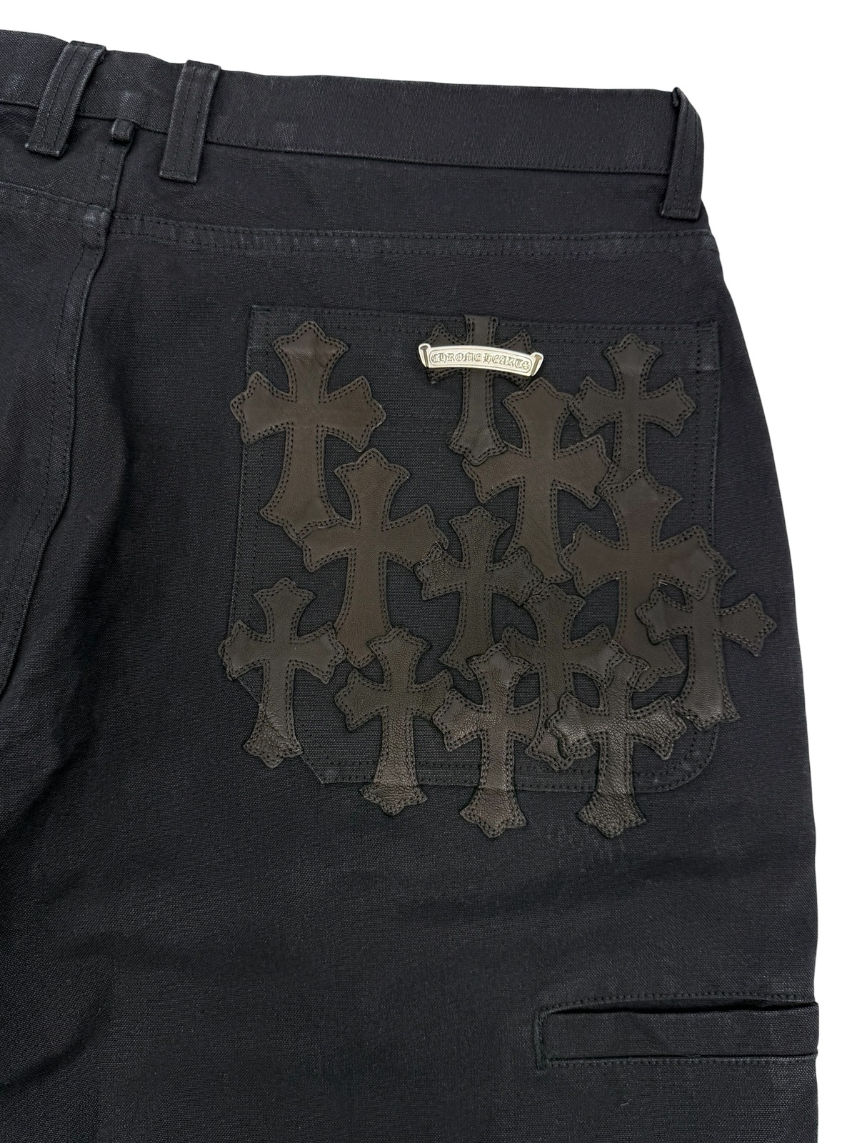Black Leather Cross Patch Double Knee Carpenter Pants