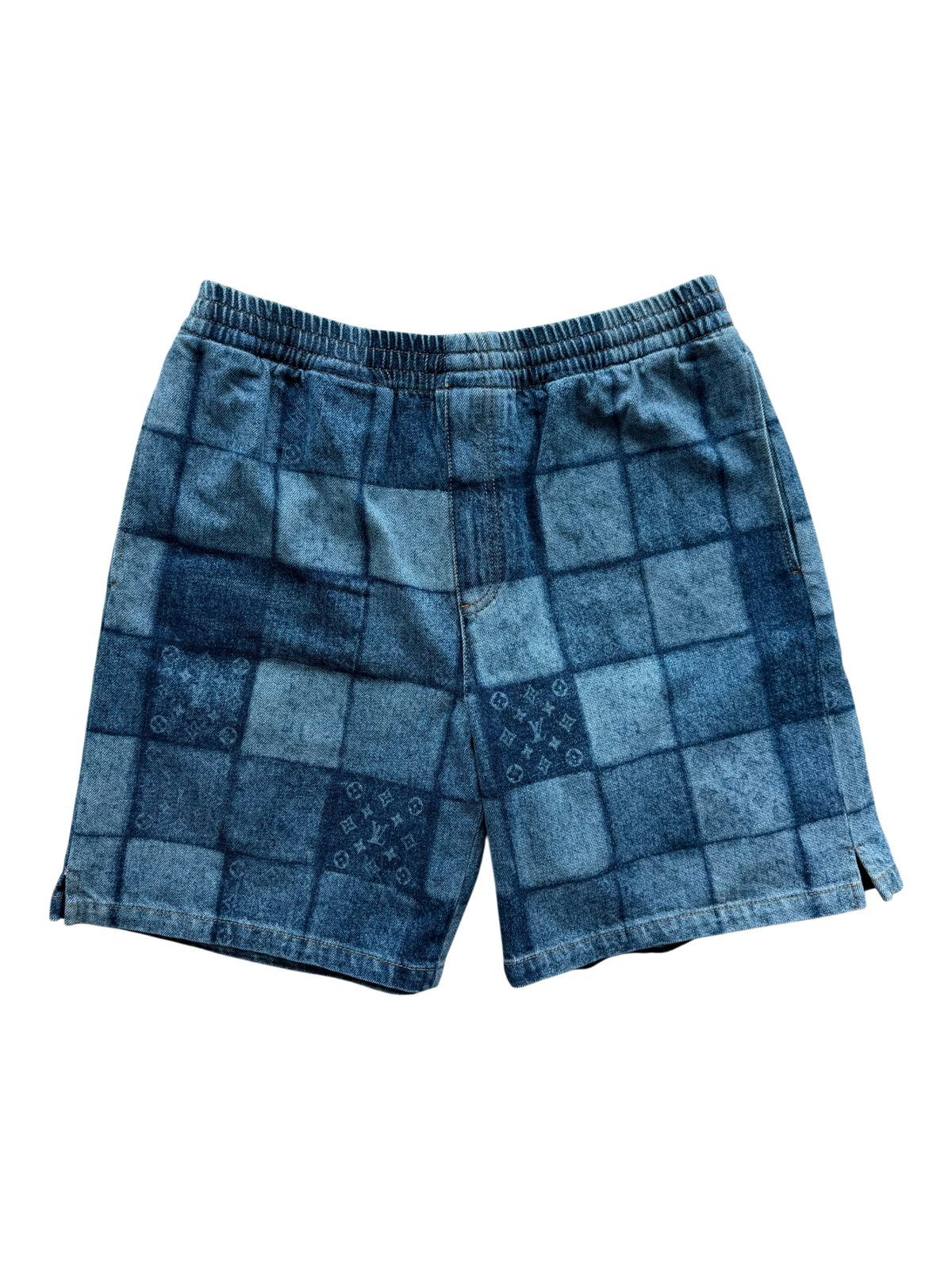Lasered Signature Patchwork Denim Shorts
