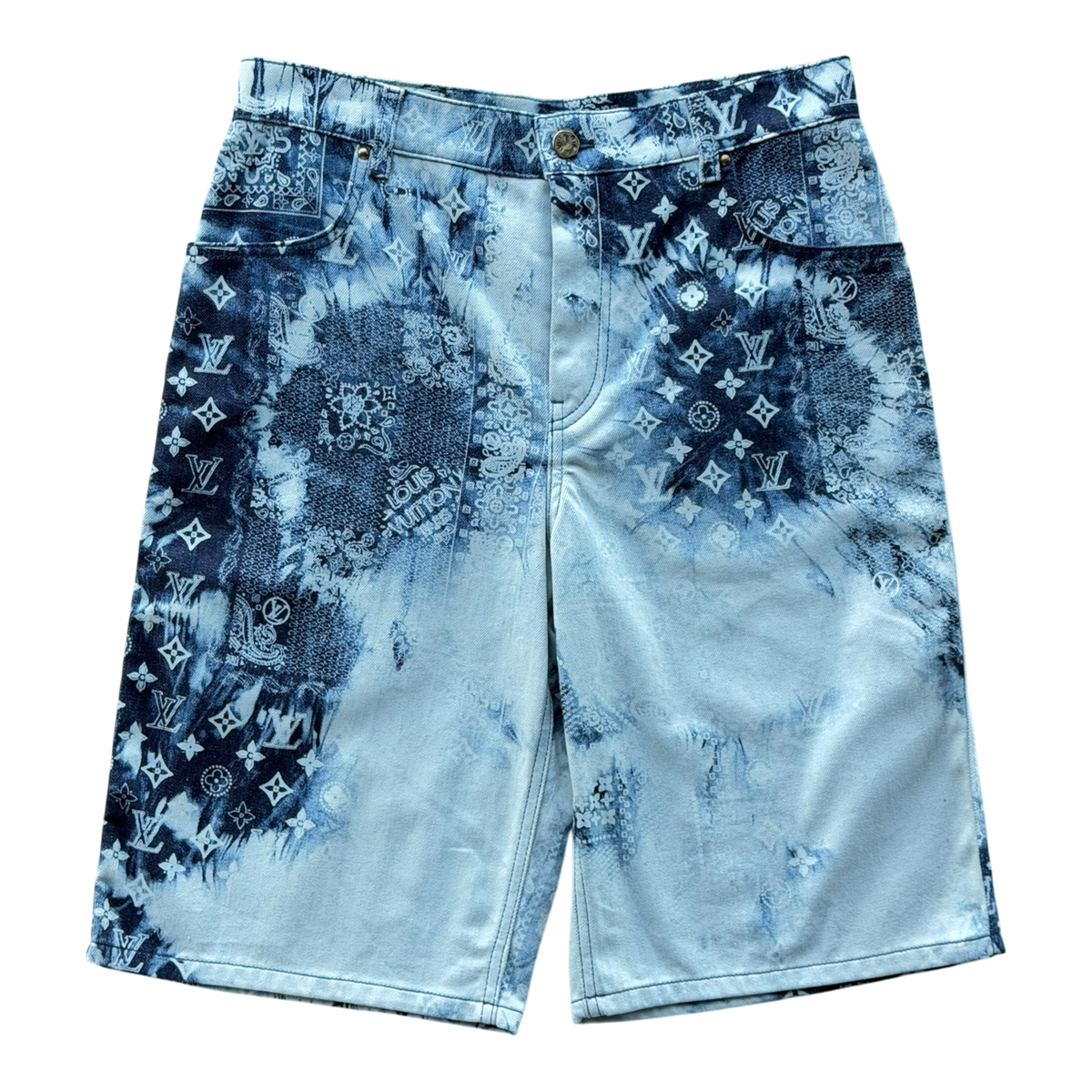Blue Bleached Denim Monogram Shorts