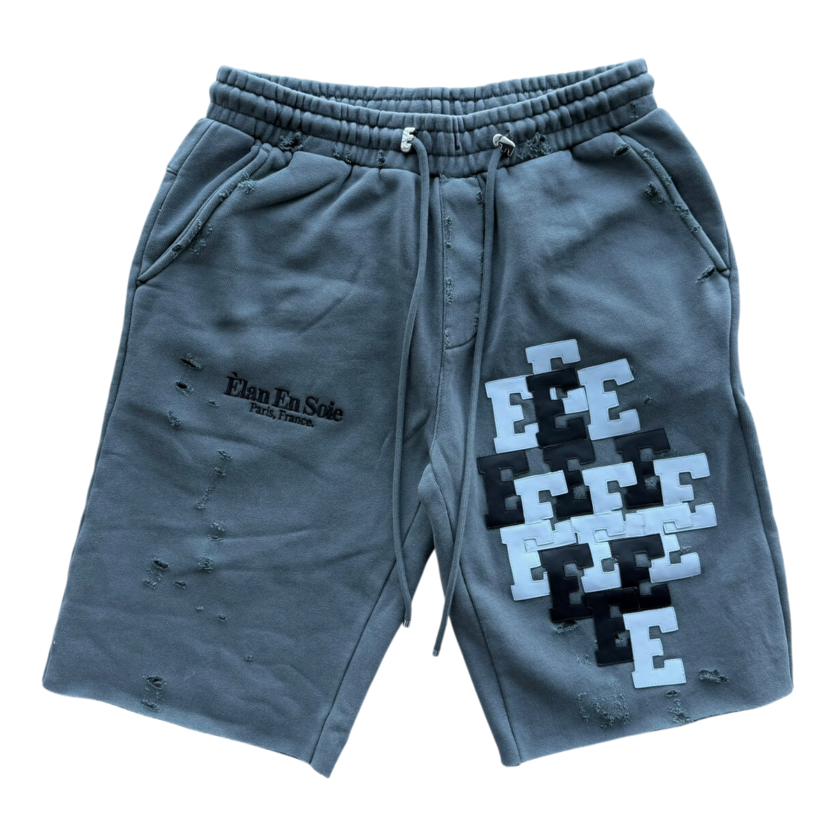 Baby Blue & Black Patch Distressed Sweat Shorts Grey